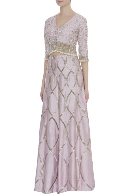 COUTURE BY NIHARIKA Purple Raw Silk Petal V Neck Embroidered Lehenga With Blouse Online at Aza Fashions COUTURE BY NIHARIKA_Purple Raw Silk Petal V Neck Embroidered Lehenga With Blouse _Online_at_Aza_Fashions