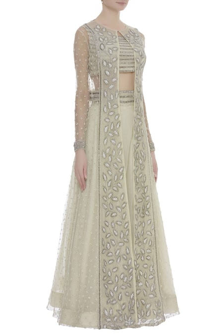COUTURE BY NIHARIKA Cream Organza, Net Leaf Boat Neck Embroidered Lehenga With Blouse And Jacket Online at Aza Fashions COUTURE BY NIHARIKA_Cream Organza, Net Leaf Boat Neck Embroidered Lehenga With Blouse And Jacket _Online_at_Aza_Fashions
