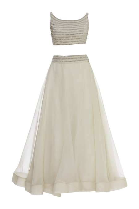 Shop COUTURE BY NIHARIKA Cream Organza, Net Leaf Boat Neck Embroidered Lehenga With Blouse And Jacket Online at Aza Fashions Shop_COUTURE BY NIHARIKA_Cream Organza, Net Leaf Boat Neck Embroidered Lehenga With Blouse And Jacket _Online_at_Aza_Fashions