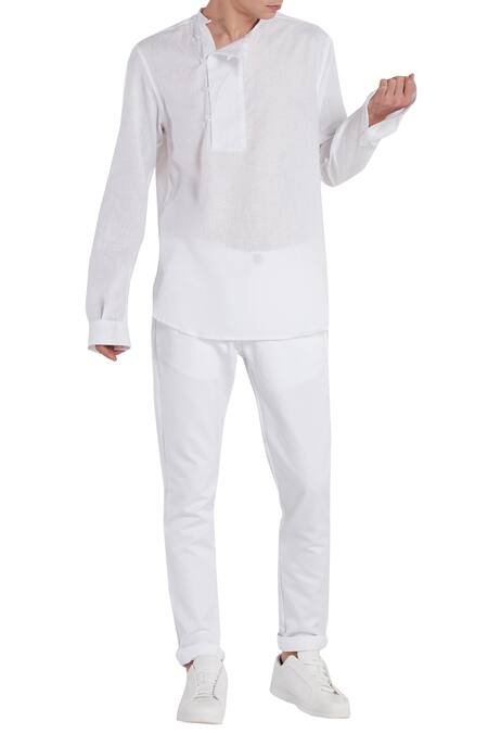 Son Of A Noble Snob White Linen Loop Hole Buttons Cuff Sleeve Short Kurta