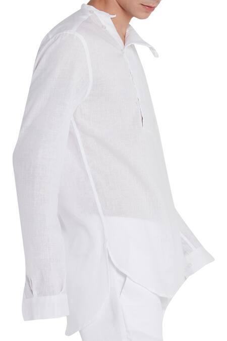 Son Of A Noble Snob_White Linen Loop Hole Buttons Cuff Sleeve Short Kurta_Online_at_Aza_Fashions