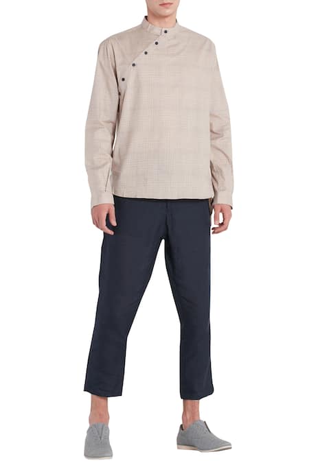 Son Of A Noble Snob Beige Linen Diagonal Button Front Short Kurta