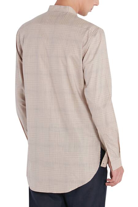 Shop Son Of A Noble Snob Beige Linen Diagonal Button Front Short Kurta at Aza Fashions Shop_Son Of A Noble Snob_Beige Linen Diagonal Button Front Short Kurta_at_Aza_Fashions