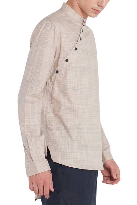 Buy Son Of A Noble Snob Beige Linen Diagonal Button Front Short Kurta Online at Aza Fashions Buy_Son Of A Noble Snob_Beige Linen Diagonal Button Front Short Kurta_Online_at_Aza_Fashions