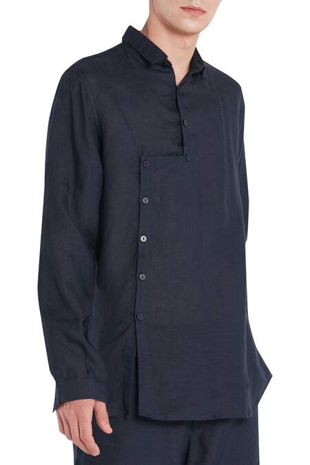 Son Of A Noble Snob_Blue Linen Overlap Style Collared Shirt_Online_at_Aza_Fashions