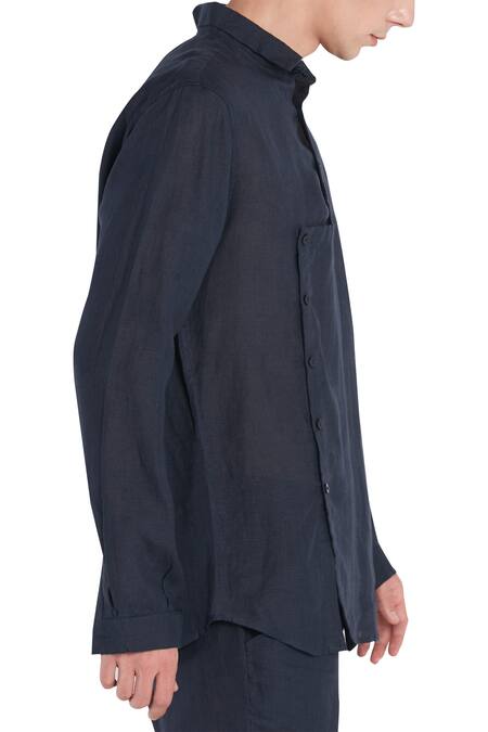 Buy_Son Of A Noble Snob_Blue Linen Overlap Style Collared Shirt_Online_at_Aza_Fashions