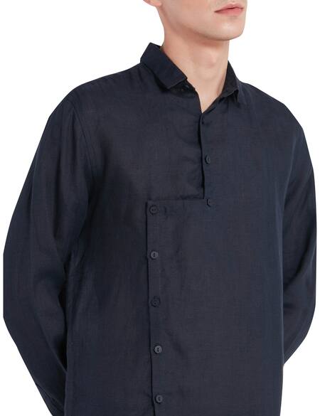 Shop_Son Of A Noble Snob_Blue Linen Overlap Style Collared Shirt_Online_at_Aza_Fashions