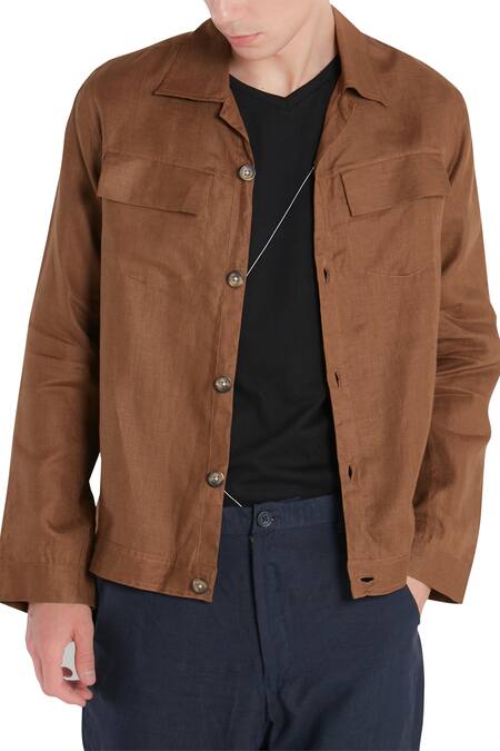 Son Of A Noble Snob_Brown Linen Button Front Collared Jacket_Online_at_Aza_Fashions