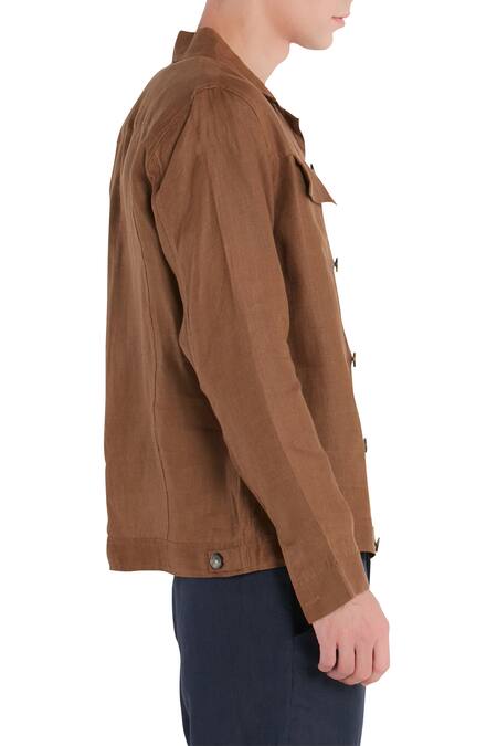 Buy_Son Of A Noble Snob_Brown Linen Button Front Collared Jacket_Online_at_Aza_Fashions