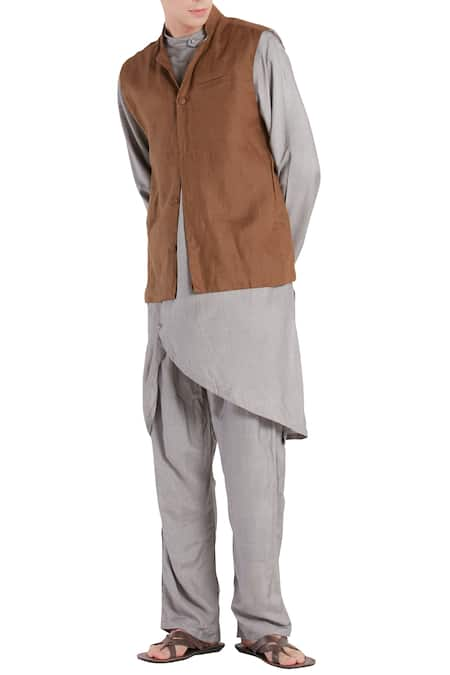 Brown Art Silk Kurta Churidar With Nehru Jacket 653MW09