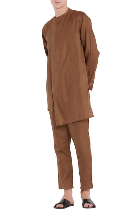 Son Of A Noble Snob Brown Linen Overlap Style Diagonal Buttons Kurta