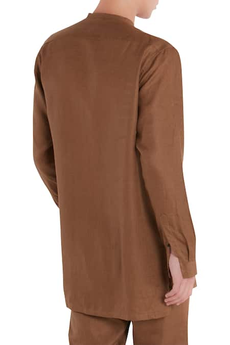 Shop Son Of A Noble Snob Brown Linen Overlap Style Diagonal Buttons Kurta at Aza Fashions Shop_Son Of A Noble Snob_Brown Linen Overlap Style Diagonal Buttons Kurta_at_Aza_Fashions