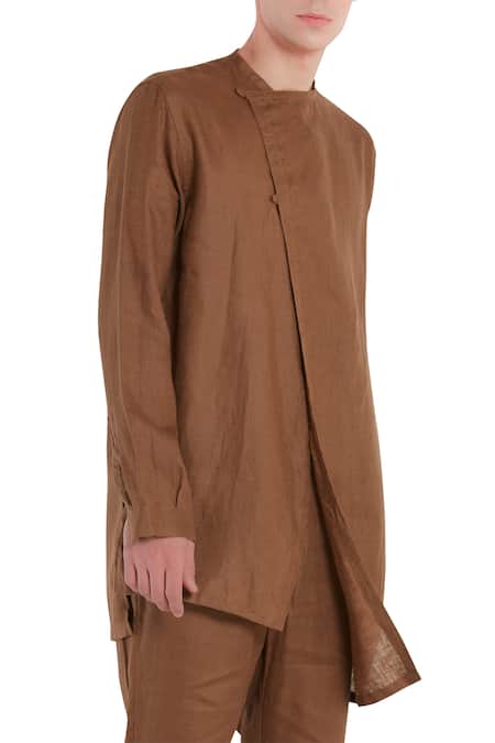 Buy Son Of A Noble Snob Brown Linen Overlap Style Diagonal Buttons Kurta Online at Aza Fashions Buy_Son Of A Noble Snob_Brown Linen Overlap Style Diagonal Buttons Kurta_Online_at_Aza_Fashions