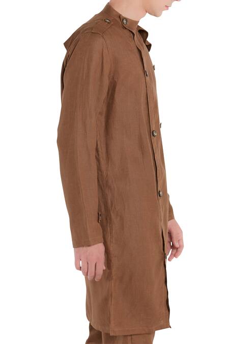 Son Of A Noble Snob_Brown Linen Button Front Round Neckline Long Shacket_Online_at_Aza_Fashions