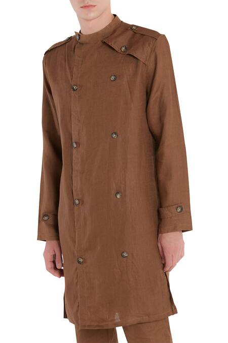 Buy_Son Of A Noble Snob_Brown Linen Button Front Round Neckline Long Shacket_Online_at_Aza_Fashions