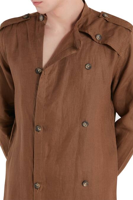 Shop_Son Of A Noble Snob_Brown Linen Button Front Round Neckline Long Shacket_Online_at_Aza_Fashions