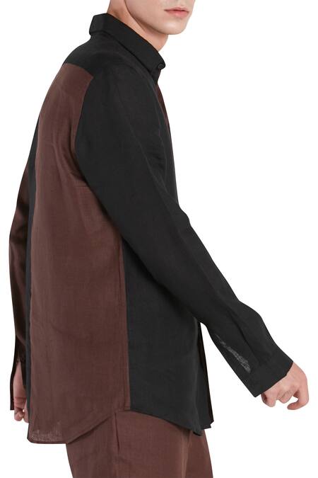 Son Of A Noble Snob_Black Linen Contrast Panel Shirt_Online_at_Aza_Fashions