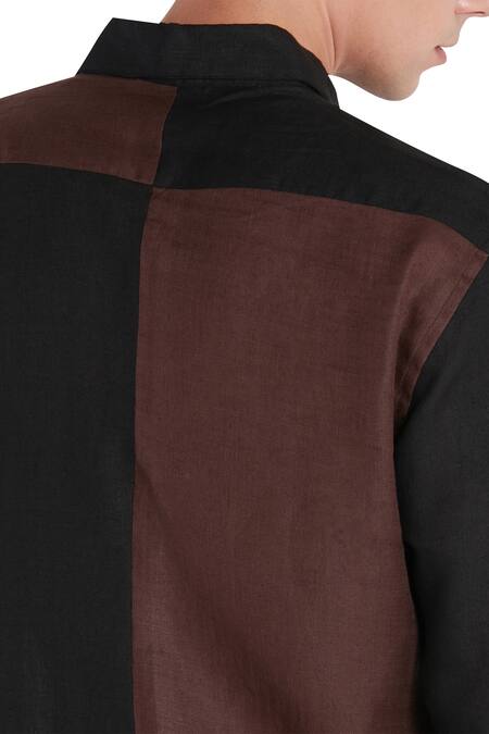 Shop_Son Of A Noble Snob_Black Linen Contrast Panel Shirt_Online_at_Aza_Fashions