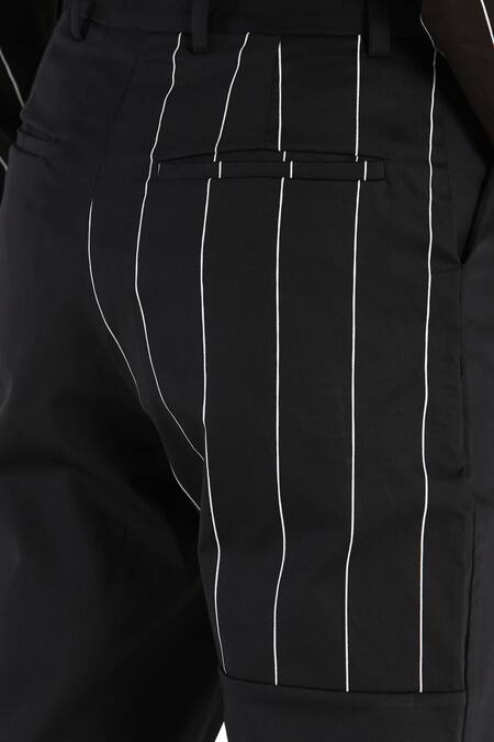 Shop_Son Of A Noble Snob_Black Cotton Pattern Stripe Trouser Pant With Detail_Online_at_Aza_Fashions
