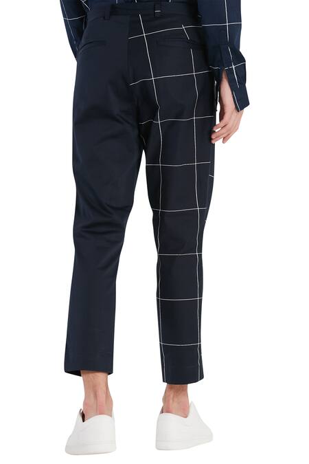 Shop_Son Of A Noble Snob_Black Cotton Printed Checkered Trouser Pant_at_Aza_Fashions