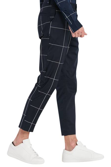 Son Of A Noble Snob_Black Cotton Printed Checkered Trouser Pant_Online_at_Aza_Fashions