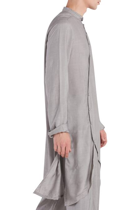 Son Of A Noble Snob_Grey Cotton Silk Plain Asymmetric Kurta Set_Online_at_Aza_Fashions