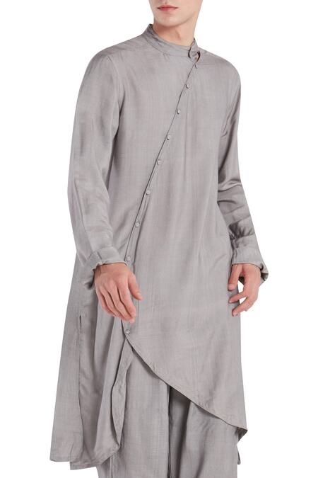 Buy_Son Of A Noble Snob_Grey Cotton Silk Plain Asymmetric Kurta Set_Online_at_Aza_Fashions