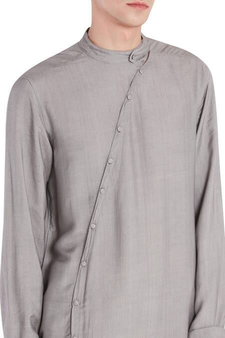 Shop_Son Of A Noble Snob_Grey Cotton Silk Plain Asymmetric Kurta Set_Online_at_Aza_Fashions