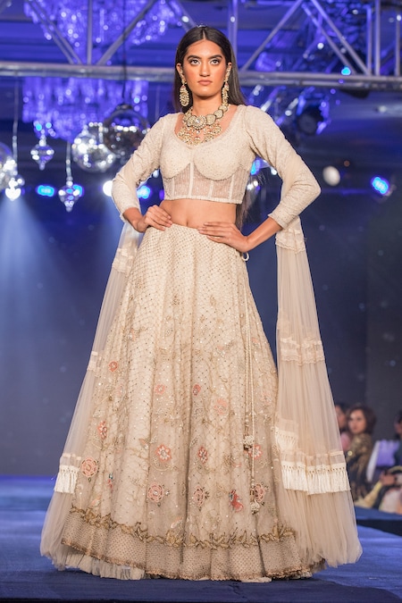 Buy Beige Georgette Embroidery Sequins V Neck Chikankari Lehenga Set For  Women by House of Kotwara Online at Aza Fashions.