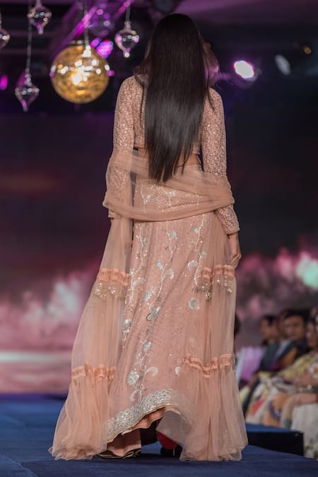 Shop House Of Kotwara Pink Net, Georgette Beads Round Neck Floral Embroidered Blouse And Lehenga Set at Aza Fashions Shop_House Of Kotwara_Pink Net, Georgette Beads Round Neck Floral Embroidered Blouse And Lehenga Set _at_Aza_Fashions