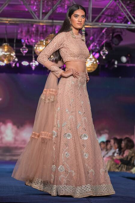 House Of Kotwara Pink Net, Georgette Beads Round Neck Floral Embroidered Blouse And Lehenga Set Online at Aza Fashions House Of Kotwara_Pink Net, Georgette Beads Round Neck Floral Embroidered Blouse And Lehenga Set _Online_at_Aza_Fashions