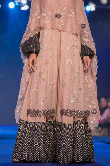 House Of Kotwara Peach Kora Floral Mandarin Collar Balloon Sleeves Kurta With Sharara And Dupatta Online at Aza Fashions House Of Kotwara_Peach Kora Floral Mandarin Collar Balloon Sleeves Kurta With Sharara And Dupatta _Online_at_Aza_Fashions