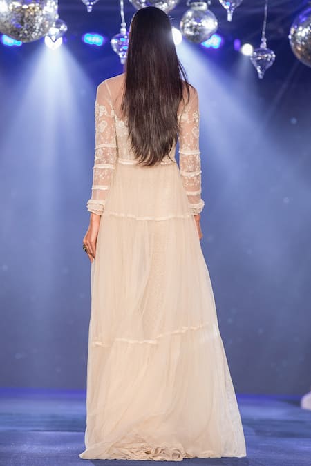 Shop House Of Kotwara Off White Net Floral Mandarin Collar Frill Neckline Peshwa Kurta With Pants at Aza Fashions Shop_House Of Kotwara_Off White Net Floral Mandarin Collar Frill Neckline Peshwa Kurta With Pants _at_Aza_Fashions