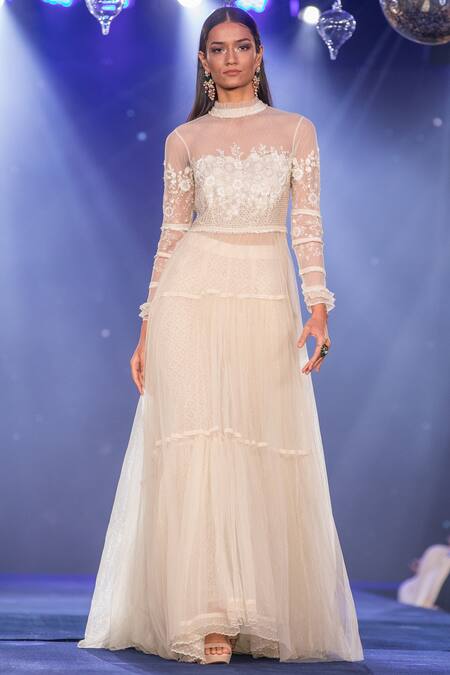 House Of Kotwara Off White Net Floral Mandarin Collar Frill Neckline Peshwa Kurta With Pants Online at Aza Fashions House Of Kotwara_Off White Net Floral Mandarin Collar Frill Neckline Peshwa Kurta With Pants _Online_at_Aza_Fashions