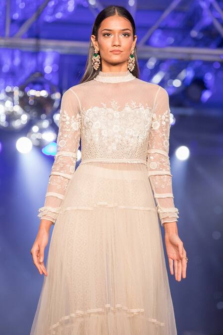 Buy House Of Kotwara Off White Net Floral Mandarin Collar Frill Neckline Peshwa Kurta With Pants Online at Aza Fashions Buy_House Of Kotwara_Off White Net Floral Mandarin Collar Frill Neckline Peshwa Kurta With Pants _Online_at_Aza_Fashions