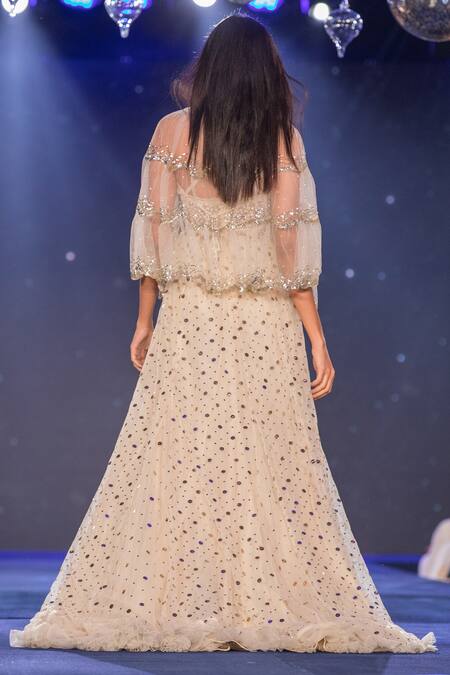 Shop_House Of Kotwara_Off White Sequin Scallop Embroidered Gown With Cape_at_Aza_Fashions