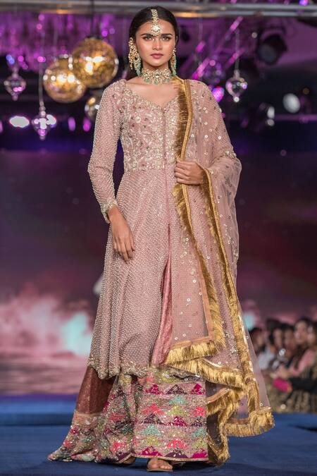 House Of Kotwara Purple Net Pearls V Neck Moti Bloom Jaal Embroidered Kurta Sharara Set Online at Aza Fashions House Of Kotwara_Purple Net Pearls V Neck Moti Bloom Jaal Embroidered Kurta Sharara Set_Online_at_Aza_Fashions