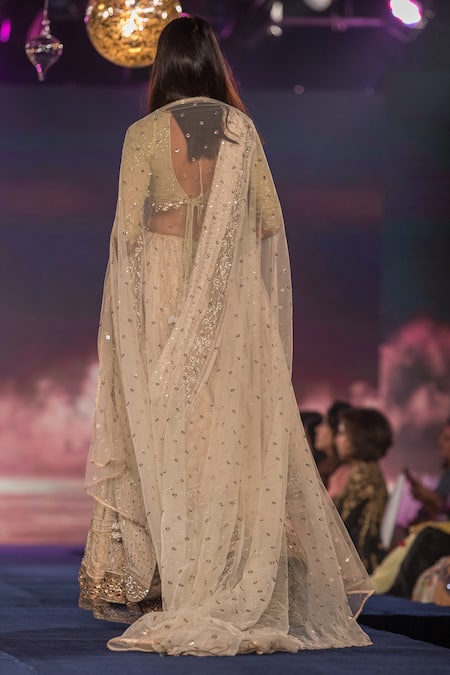 Shop_House Of Kotwara_Beige Net, Georgette Sequins V Neck Chikankari Lehenga Set _at_Aza_Fashions