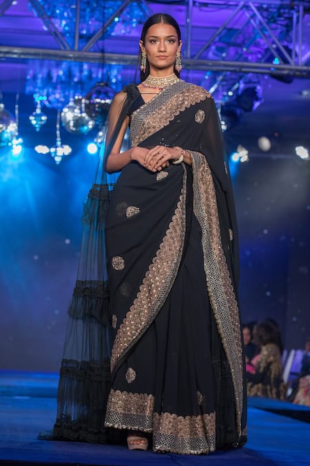 House of Kotwara Black Net Embroidery Kalamdani V Neck Saree With Blouse And Tiered Cape  