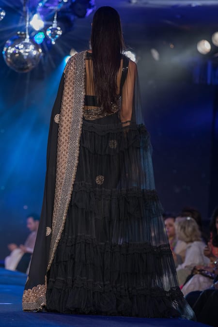 Shop_House Of Kotwara_Black Net Kalamdani V Neck Embroidered Saree With Blouse And Tiered Cape _at_Aza_Fashions