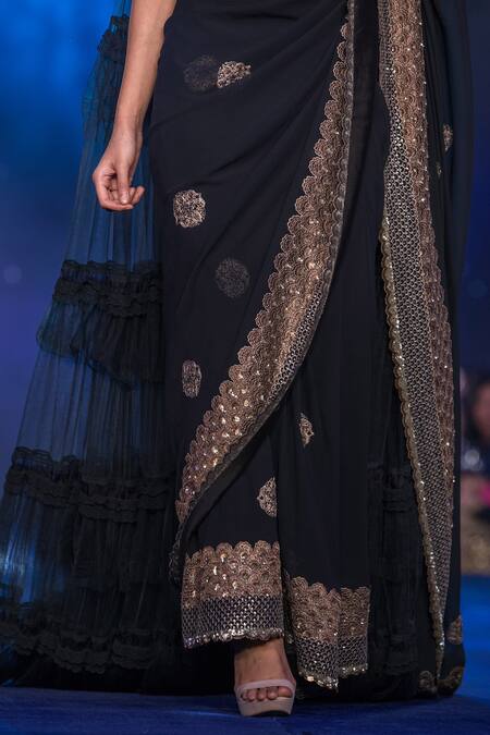House Of Kotwara_Black Net Kalamdani V Neck Embroidered Saree With Blouse And Tiered Cape _Online_at_Aza_Fashions