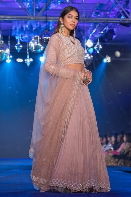 House Of Kotwara Pink Net, Georgette Sequins Round Neck Pearl And Embroidered Lehenga Set Online at Aza Fashions House Of Kotwara_Pink Net, Georgette Sequins Round Neck Pearl And Embroidered Lehenga Set _Online_at_Aza_Fashions