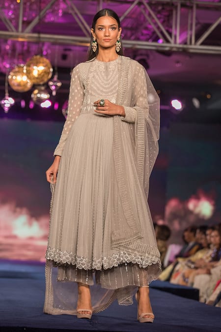 House Of Kotwara Grey Round Embroidered Anarkali Set