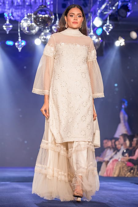 House Of Kotwara Off White Net Chikankari Round Floral Embroidered Kurta With Sharara And Dupatta