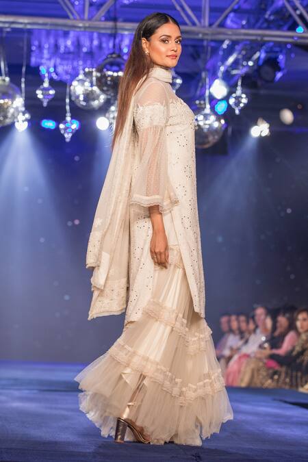 House Of Kotwara Off White Net Chikankari Round Floral Embroidered Kurta With Sharara And Dupatta Online at Aza Fashions House Of Kotwara_Off White Net Chikankari Round Floral Embroidered Kurta With Sharara And Dupatta _Online_at_Aza_Fashions