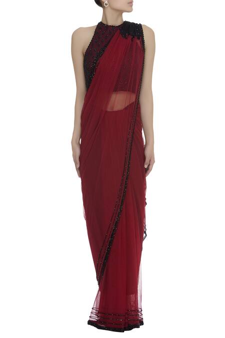 Arpan Vohra Wine Tulle Halter Embellished Saree With Blouse Online at Aza Fashions Arpan Vohra_Wine Tulle Halter Embellished Saree With Blouse _Online_at_Aza_Fashions