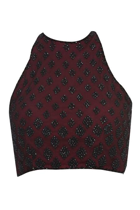 Buy Arpan Vohra Wine Tulle Halter Embellished Saree With Blouse Online at Aza Fashions Buy_Arpan Vohra_Wine Tulle Halter Embellished Saree With Blouse _Online_at_Aza_Fashions