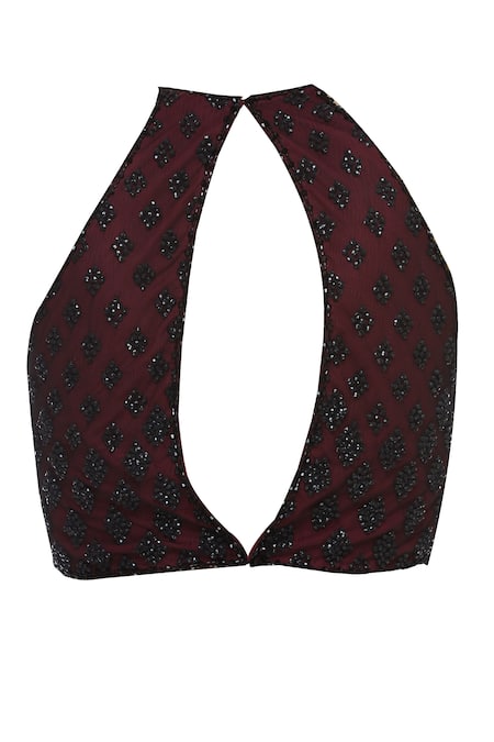 Shop Arpan Vohra Wine Tulle Halter Embellished Saree With Blouse Online at Aza Fashions Shop_Arpan Vohra_Wine Tulle Halter Embellished Saree With Blouse _Online_at_Aza_Fashions