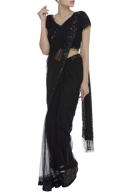 Arpan Vohra Black Tulle Leaf Neck Embellished Saree With Blouse 