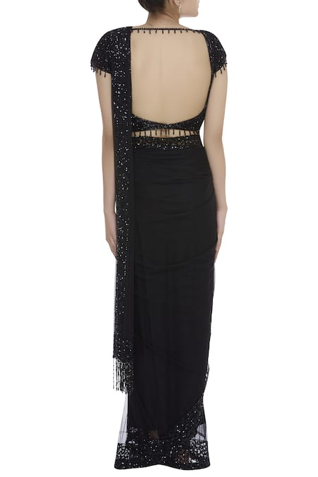 Shop Arpan Vohra Black Tulle Leaf Neck Embellished Saree With Blouse at Aza Fashions Shop_Arpan Vohra_Black Tulle Leaf Neck Embellished Saree With Blouse _at_Aza_Fashions
